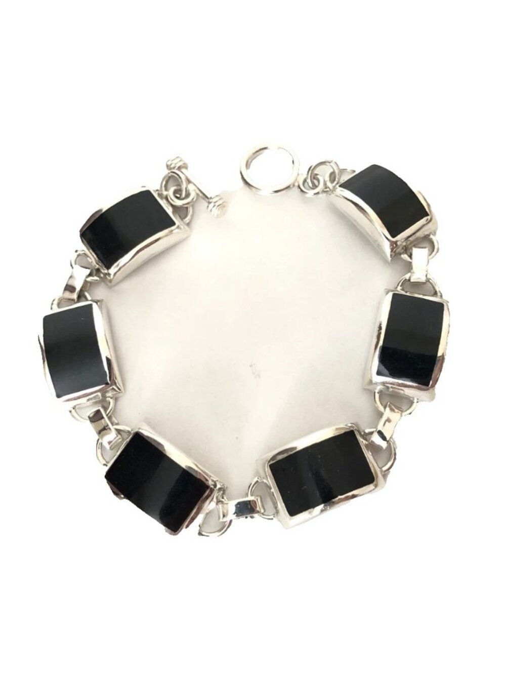 Mexican Onyx Inlay Link Toggle Bracelet 925 Sterling Silver 7.75" 31.7 g